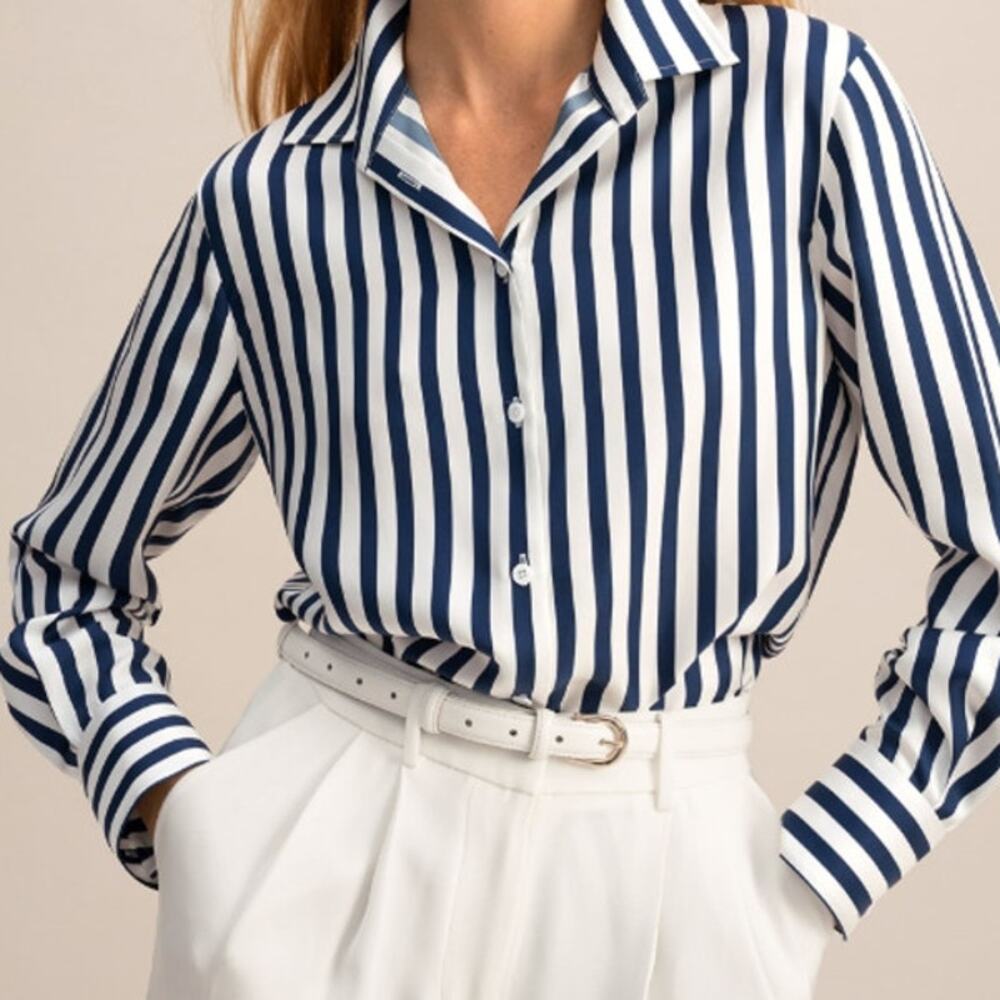 Lilysilk Amalfi Stripe Silk Shirt Blue White Pinstripes Size S